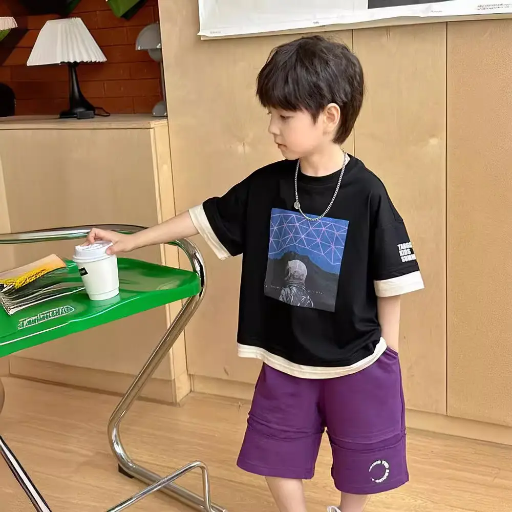 Kids Printed T-Shirt Purple Shorts Set Summer Boys