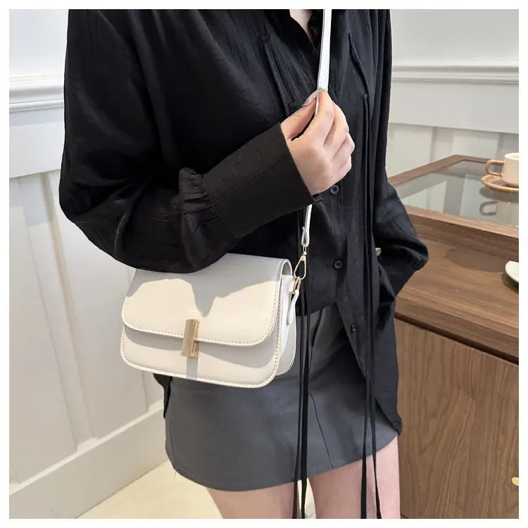 Women's White Leather Crossbody Bag with Gold Clasp β feature 11