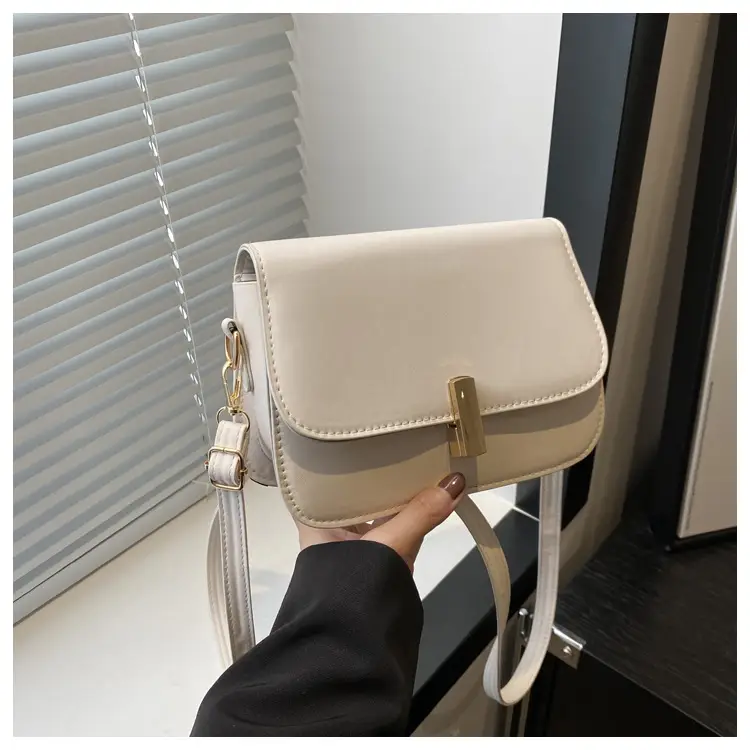 Women's White Leather Crossbody Bag with Gold Clasp β feature 23