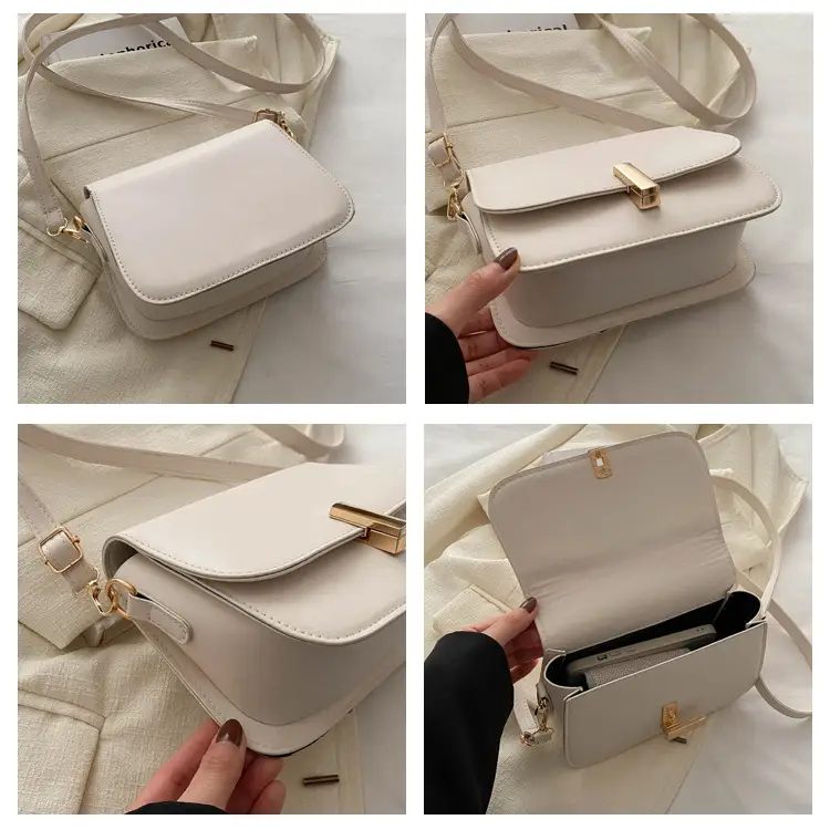 Women's White Leather Crossbody Bag with Gold Clasp β feature 6