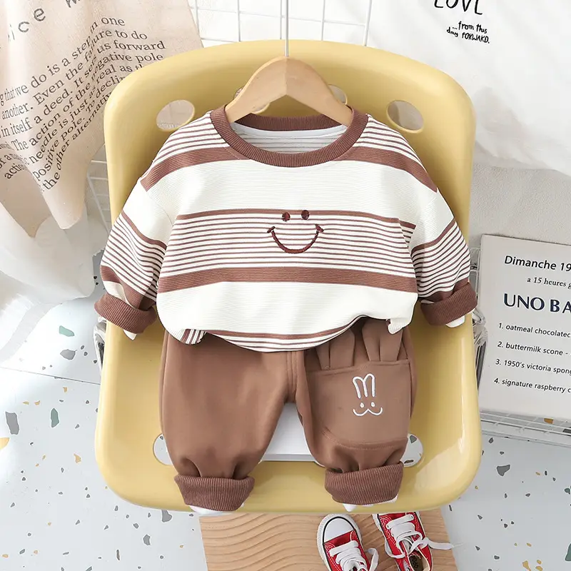2024 Kids Striped Crewneck Sweatshirt Set Green White - Image 2
