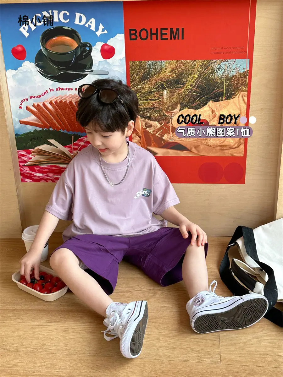 Boys Bear T-Shirt Purple K-Style Summer Wear 2025 Kids - Image 3