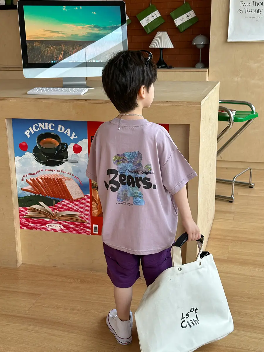 Boys Bear T-Shirt Purple K-Style Summer Wear 2025 Kids - Image 7