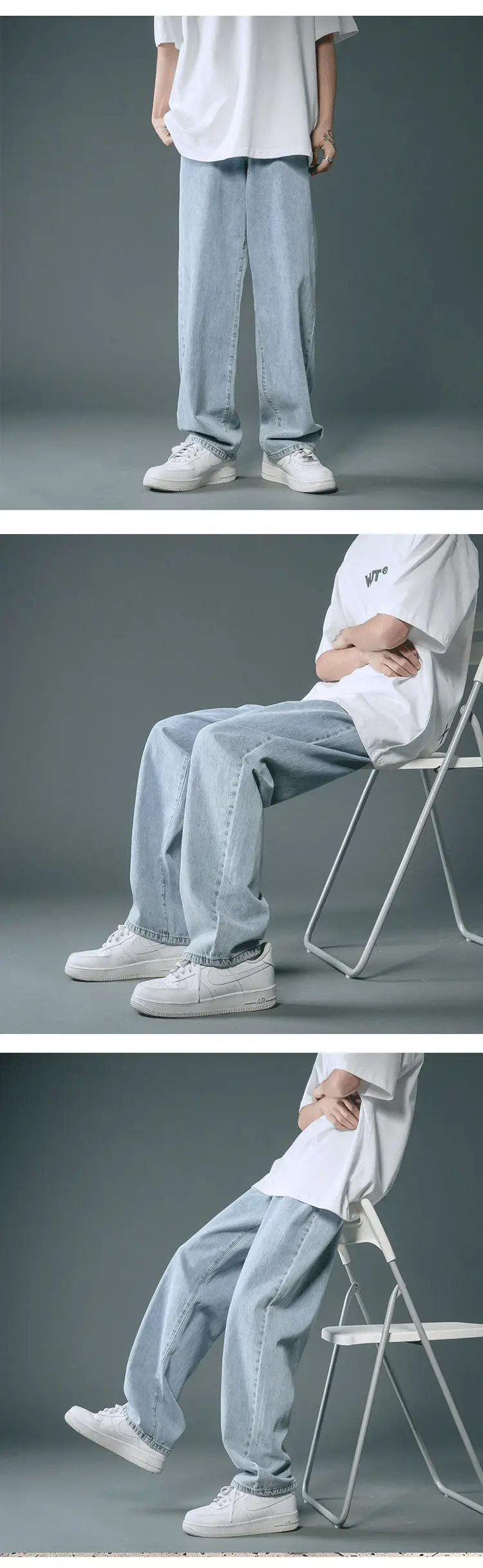 Men Light Blue Korean Style Jeans Loose Fit Long Trousers — feature 10