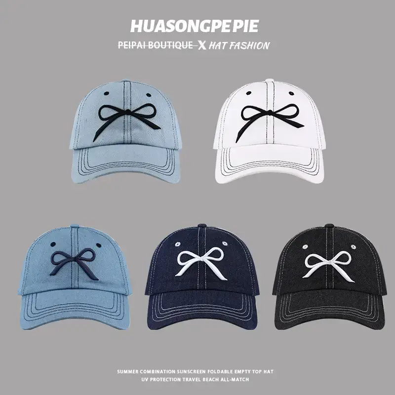 Denim Baseball Cap with Embroidered Bow for Women