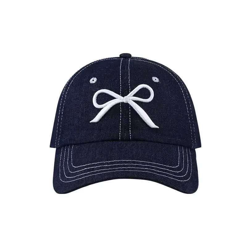 Denim Baseball Cap with Embroidered Bow for Women