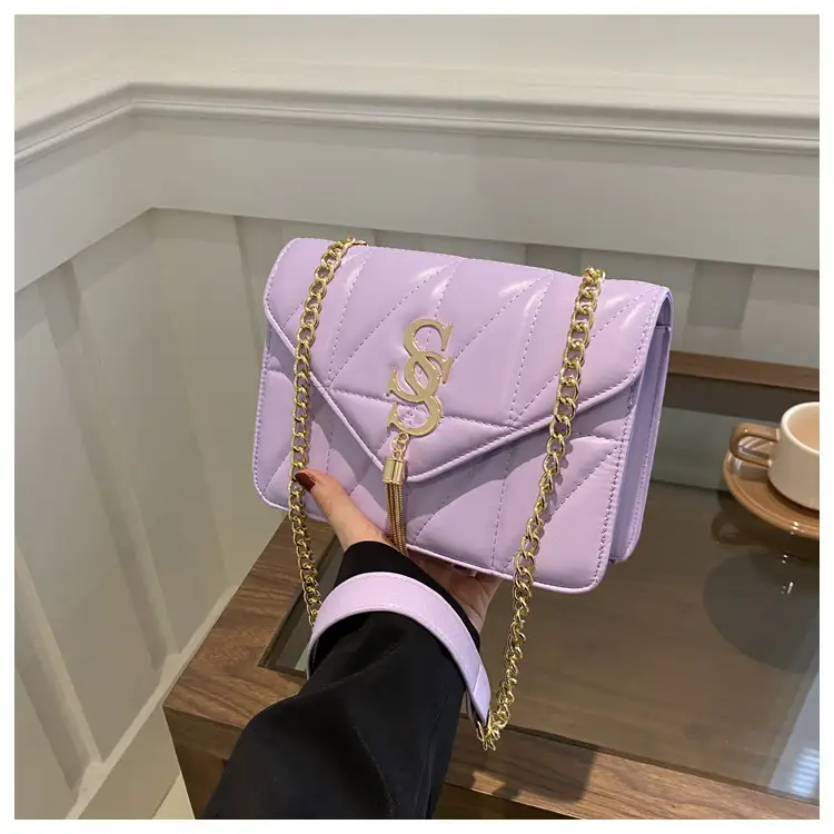 Lilac Embroidered Chain Shoulder Bag for Women - Image 3