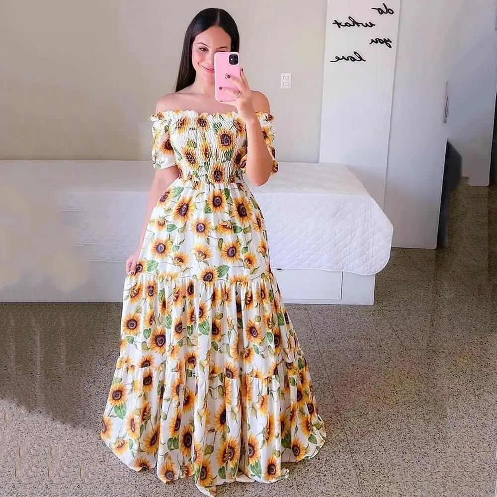 2025 cross-border new spring and summer European and American women's dress off-shoulder floral fashion off-shoulder long printed skirt