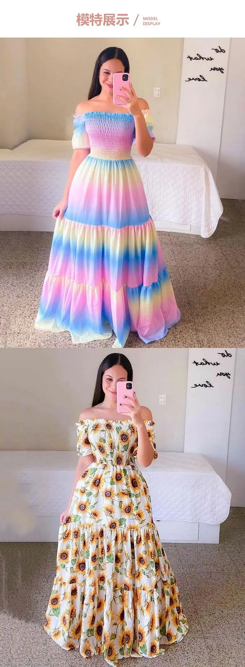 2025 cross-border new spring and summer European and American women's dress off-shoulder floral fashion off-shoulder long printed skirt — feature 4