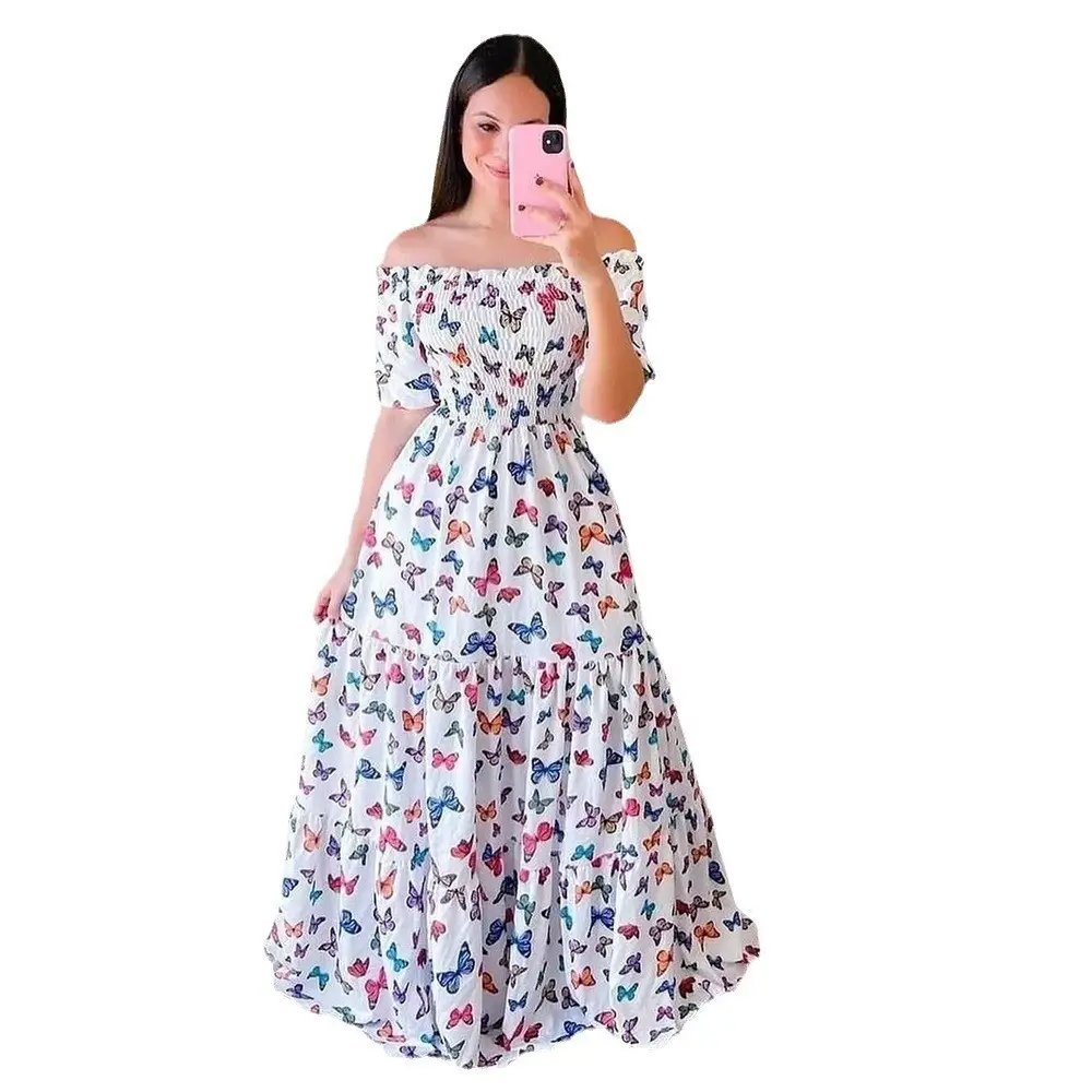 2025 cross-border new spring and summer European and American women's dress off-shoulder floral fashion off-shoulder long printed skirt — feature 6