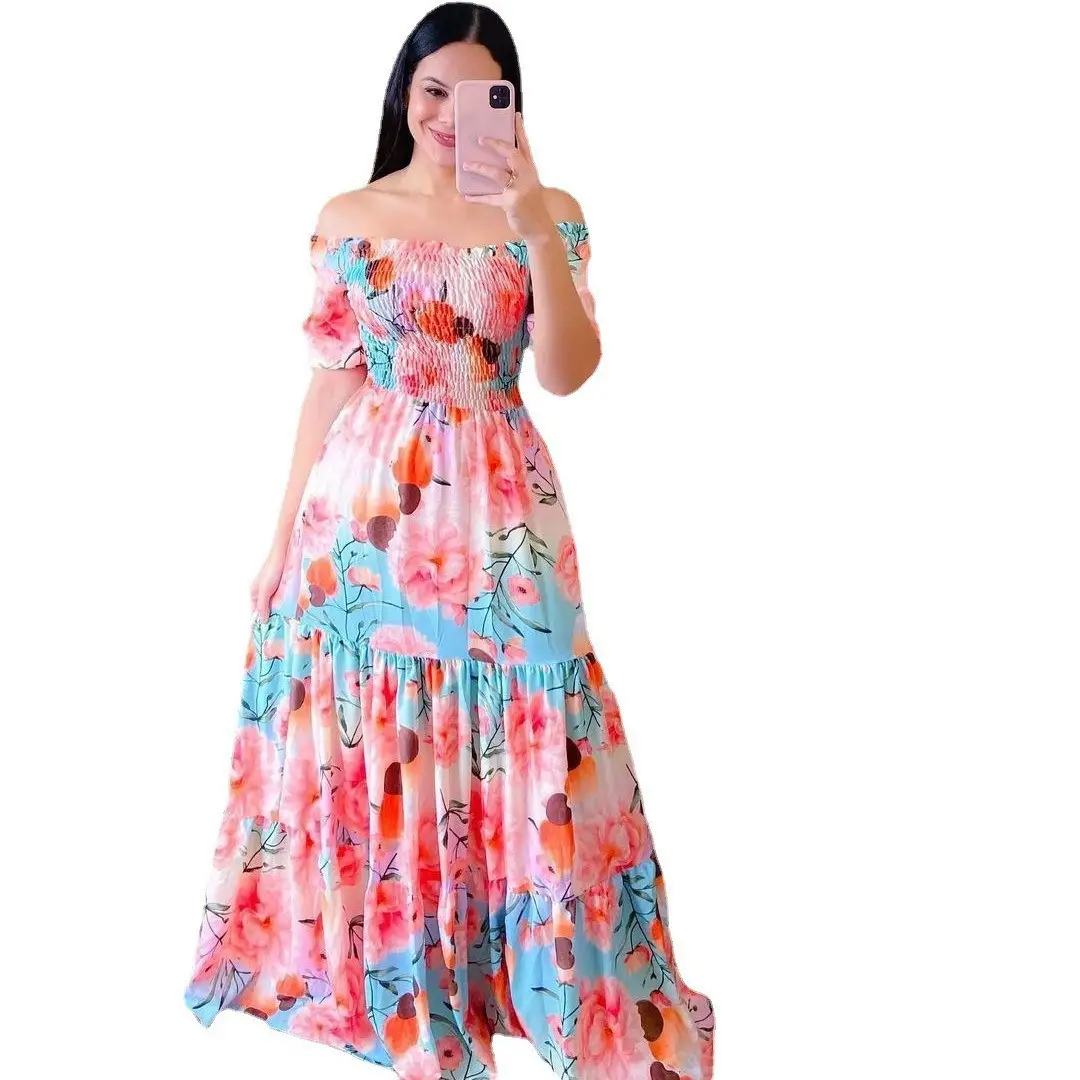 2025 cross-border new spring and summer European and American women's dress off-shoulder floral fashion off-shoulder long printed skirt — feature 7