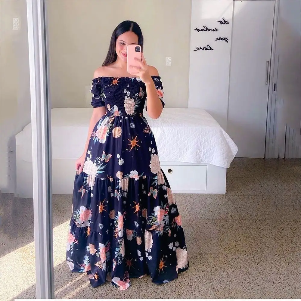 2025 cross-border new spring and summer European and American women's dress off-shoulder floral fashion off-shoulder long printed skirt