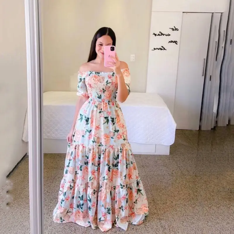 2025 cross-border new spring and summer European and American women's dress off-shoulder floral fashion off-shoulder long printed skirt