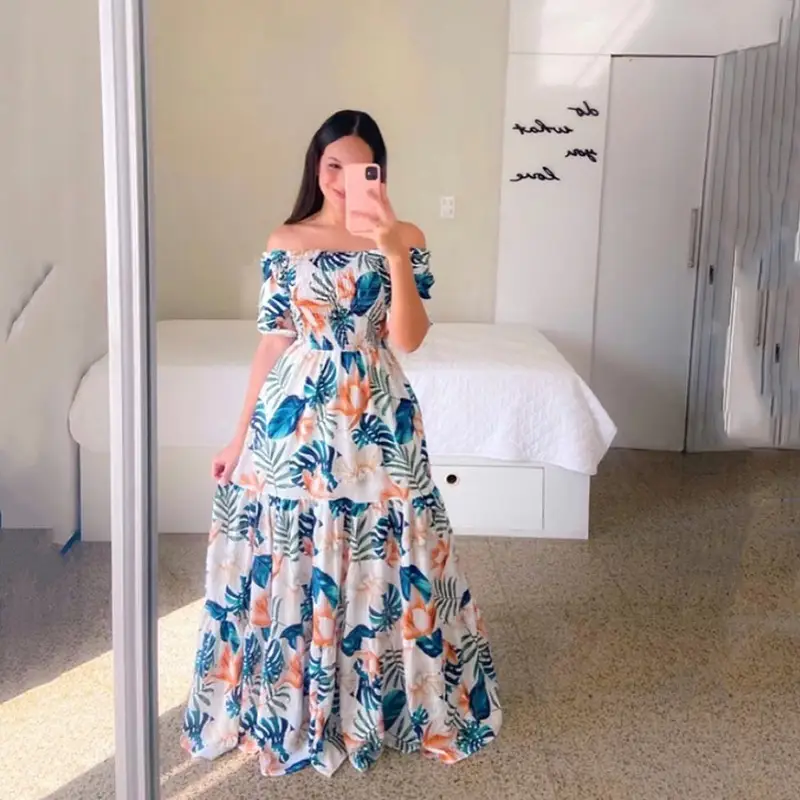 2025 cross-border new spring and summer European and American women's dress off-shoulder floral fashion off-shoulder long printed skirt