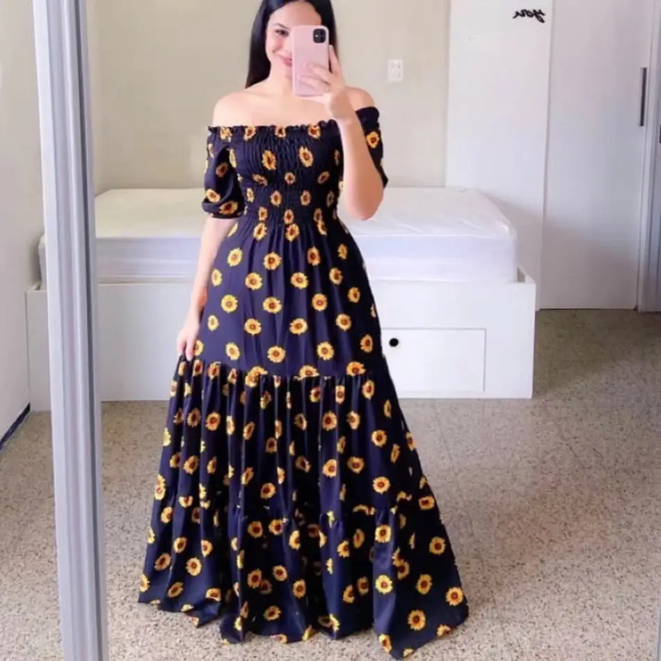 2025 cross-border new spring and summer European and American women's dress off-shoulder floral fashion off-shoulder long printed skirt