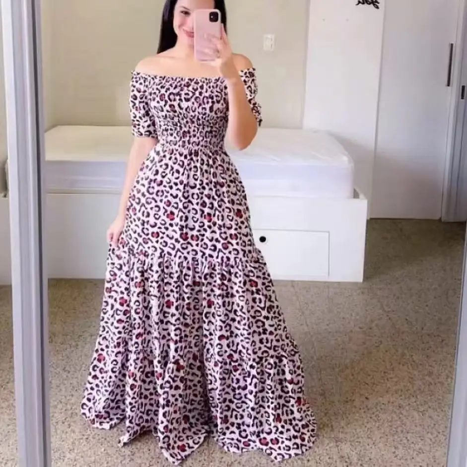 2025 cross-border new spring and summer European and American women's dress off-shoulder floral fashion off-shoulder long printed skirt
