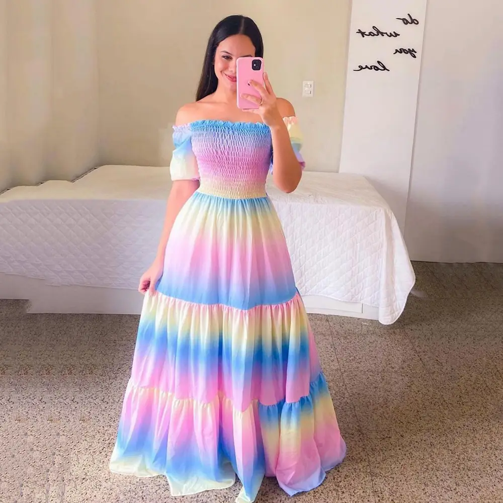 2025 cross-border new spring and summer European and American women's dress off-shoulder floral fashion off-shoulder long printed skirt