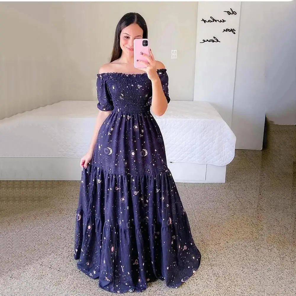 2025 cross-border new spring and summer European and American women's dress off-shoulder floral fashion off-shoulder long printed skirt