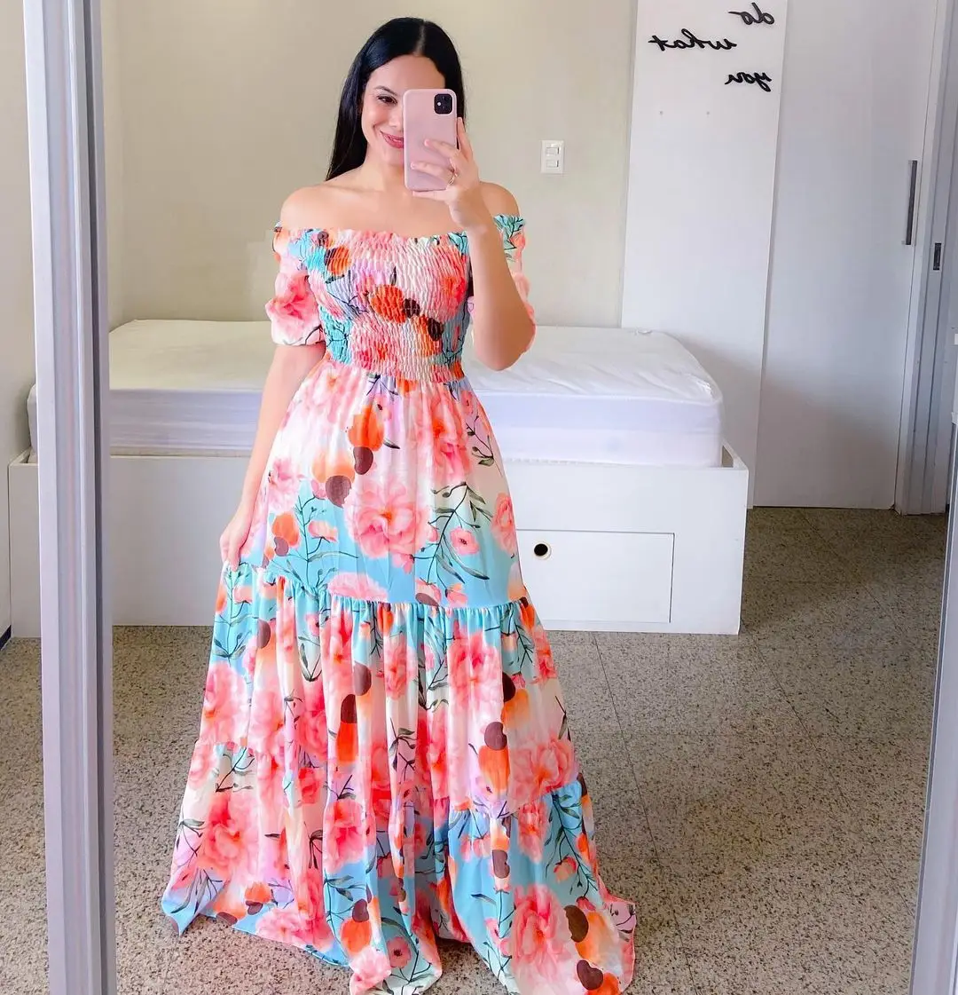 2025 cross-border new spring and summer European and American women's dress off-shoulder floral fashion off-shoulder long printed skirt
