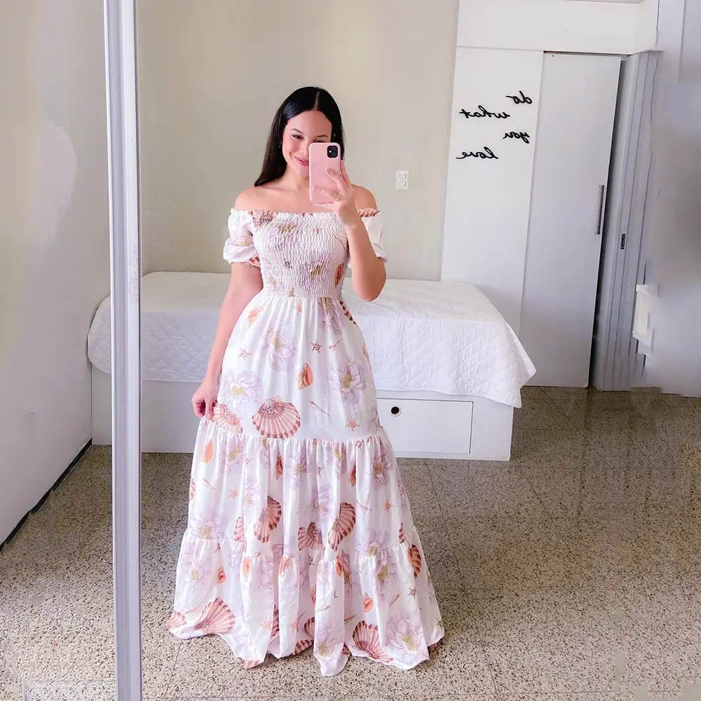 2025 cross-border new spring and summer European and American women's dress off-shoulder floral fashion off-shoulder long printed skirt