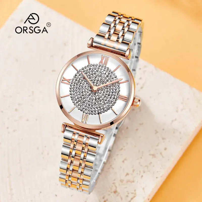 ORSGA Women's Diamond Watch with Gold Belt