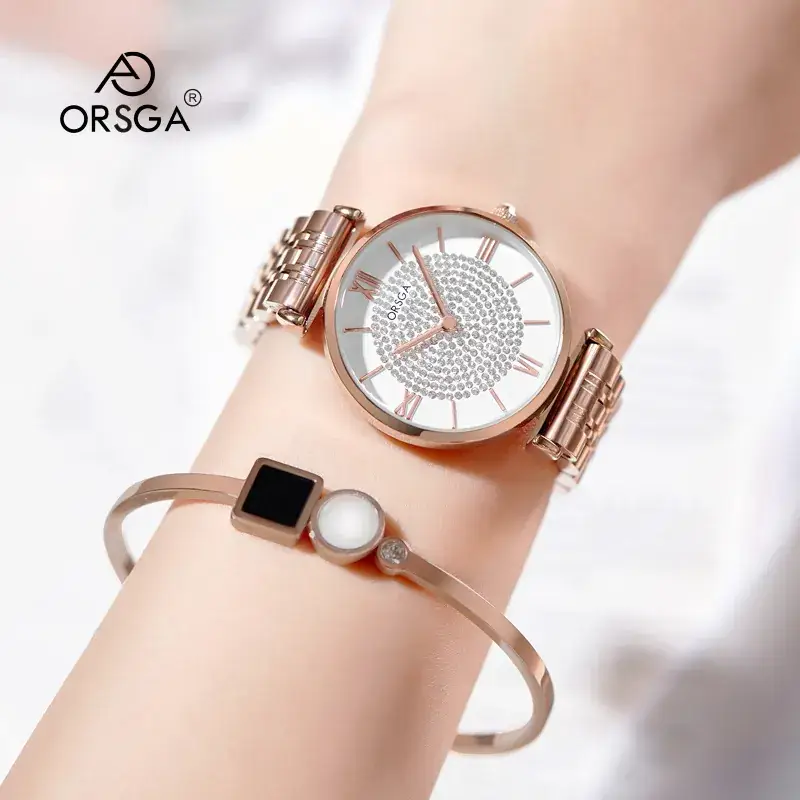 ORSGA Women's Diamond Watch with Gold Belt