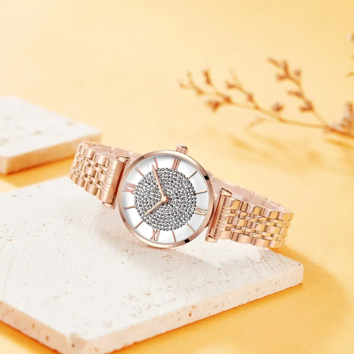 ORSGA Women's Diamond Watch with Gold Belt