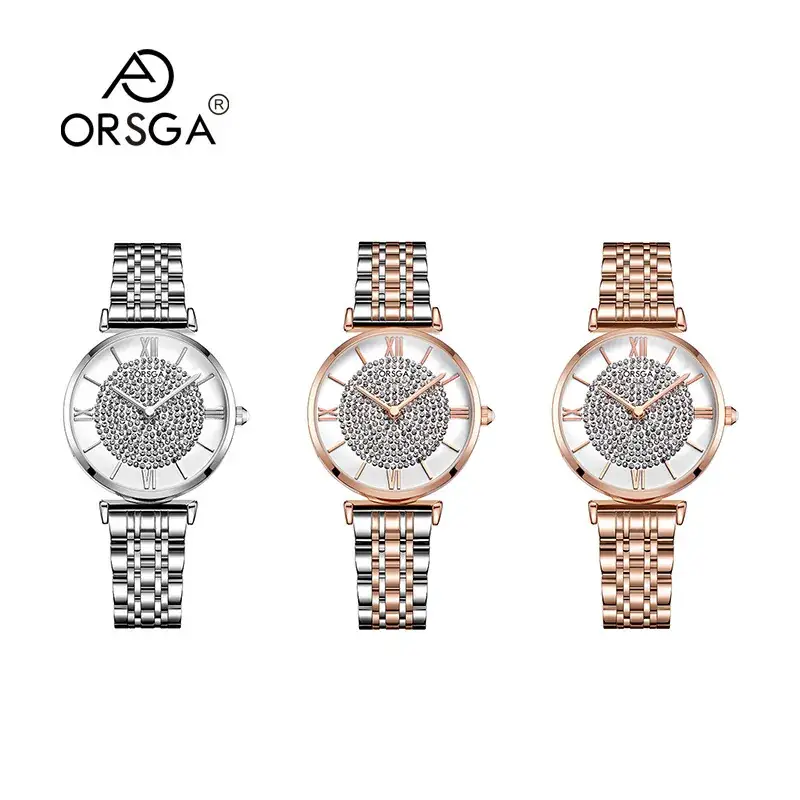 ORSGA Women's Diamond Watch with Gold Belt
