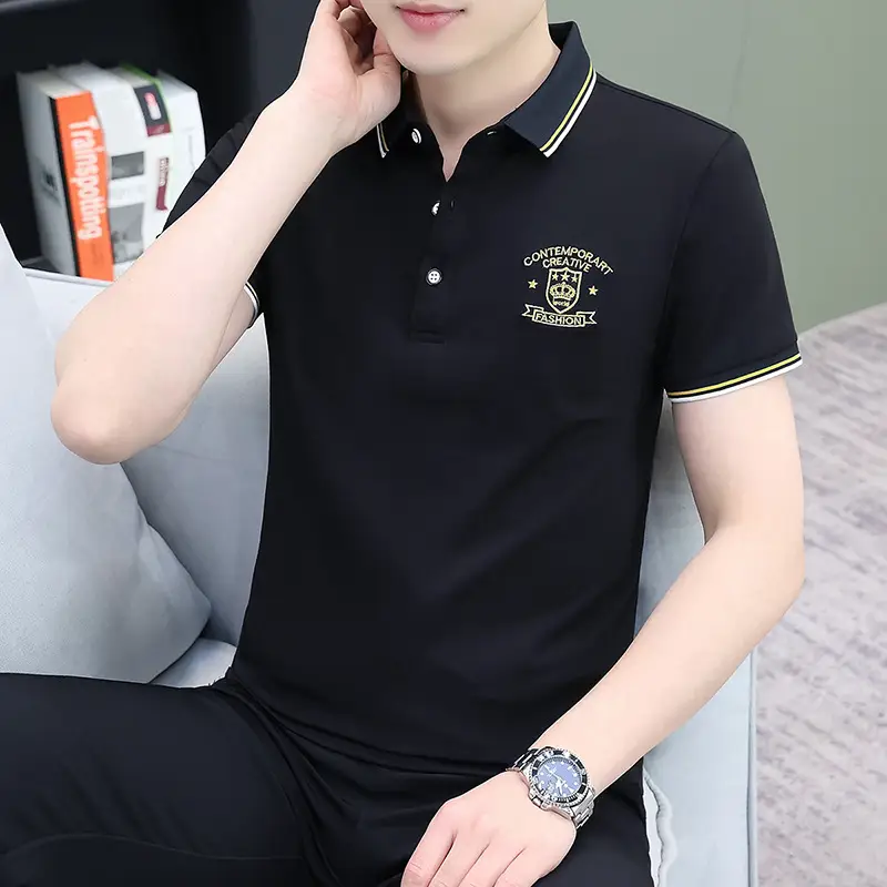 Men Black Embroidered Polo T-Shirt Pure Cotton - Image 2