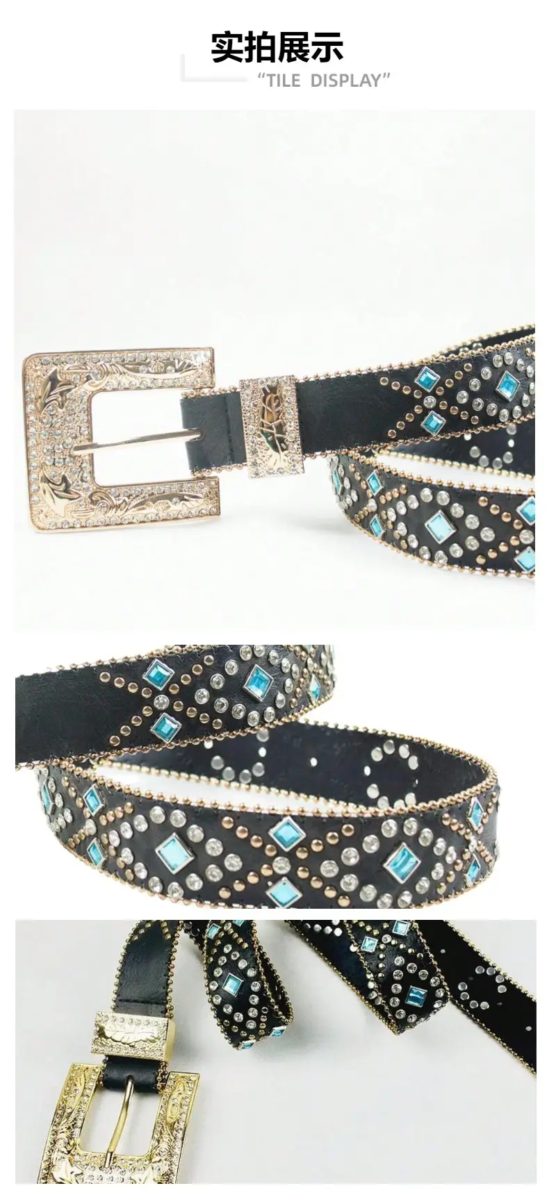 Black Rhinestone Belt with Retro Pin Buckle — feature 4