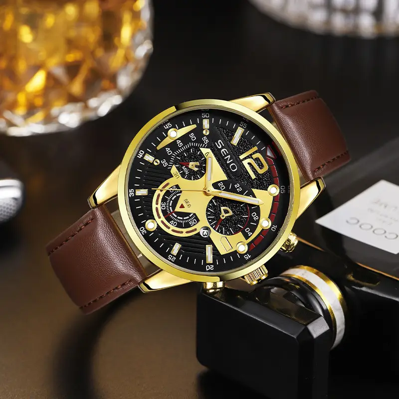 Gold Chronograph Watch for Men Brown Leather Band - Image 2