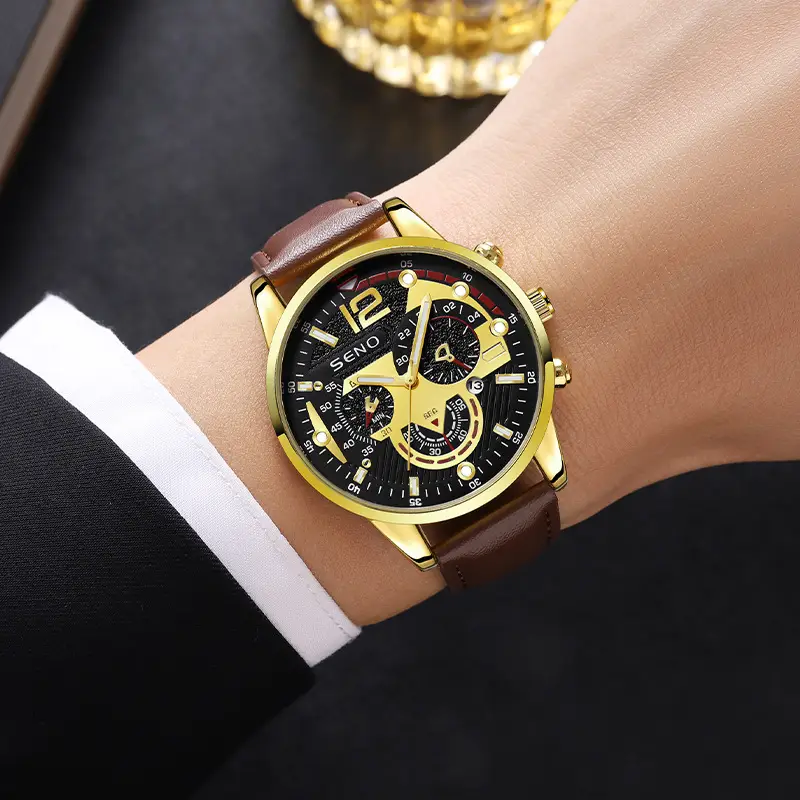 Gold Chronograph Watch for Men Brown Leather Band - Image 3