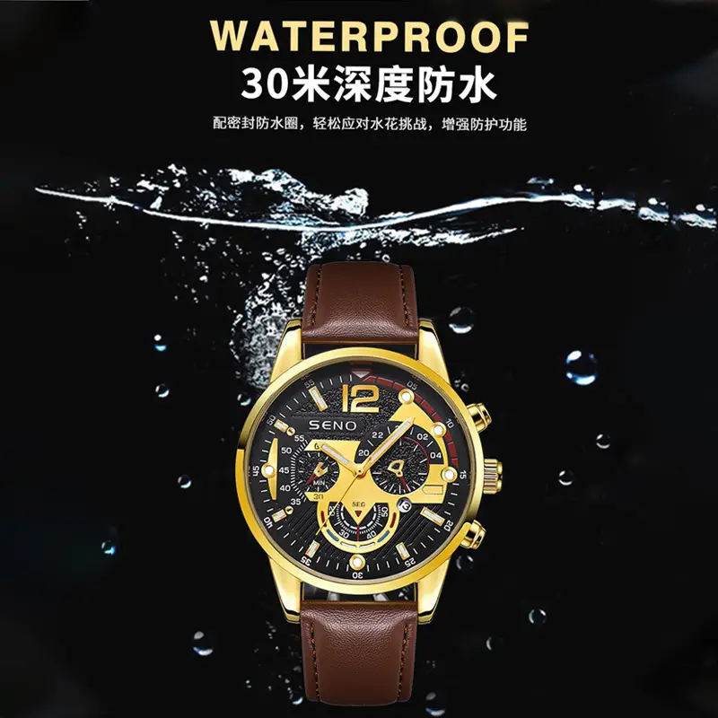 Gold Chronograph Watch for Men Brown Leather Band - Image 5