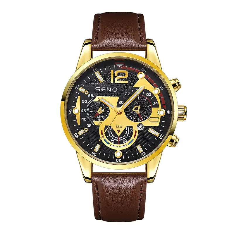 Gold Chronograph Watch for Men Brown Leather Band - Image 6