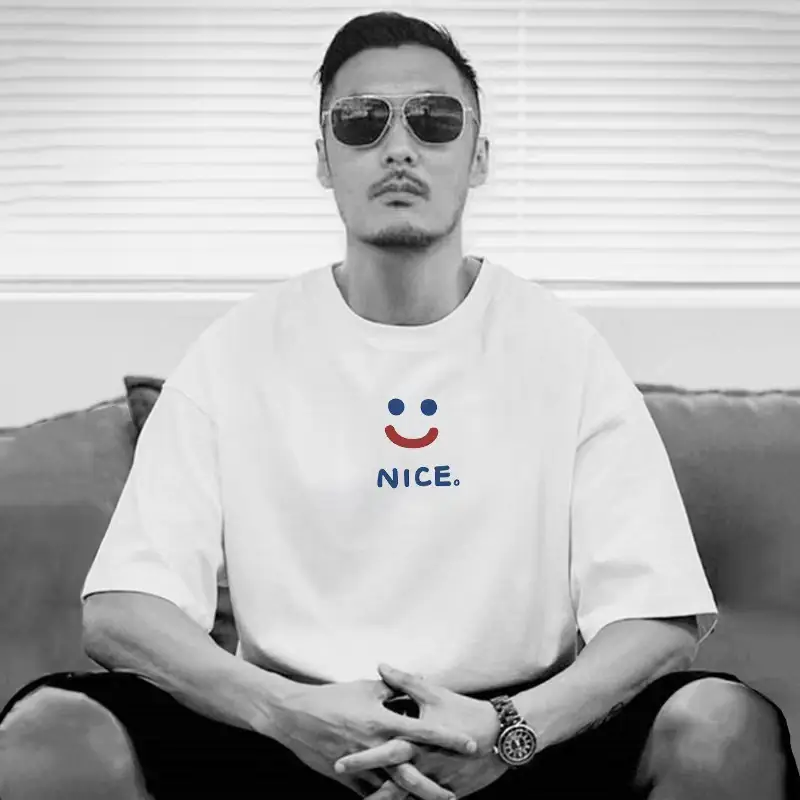Men Pure Cotton Loose Fit T-Shirt White Triangle Print
