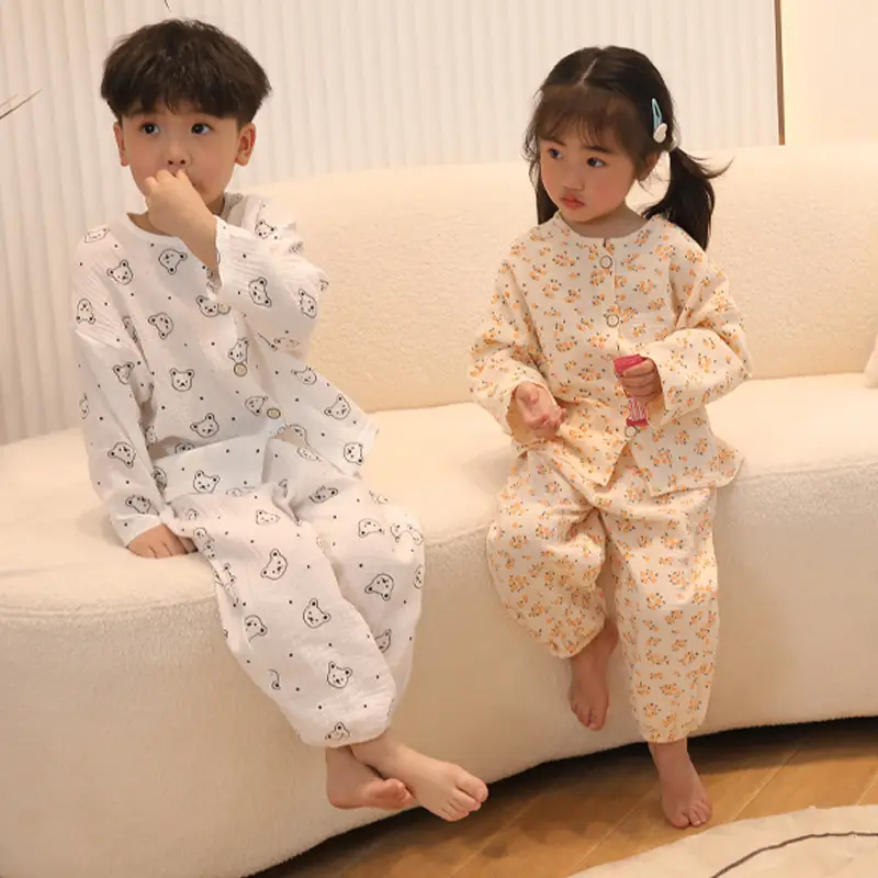 Children's double-layer cotton long-sleeved pajamas 2025 new summer casual cotton gauze suit boys and girls wholesale