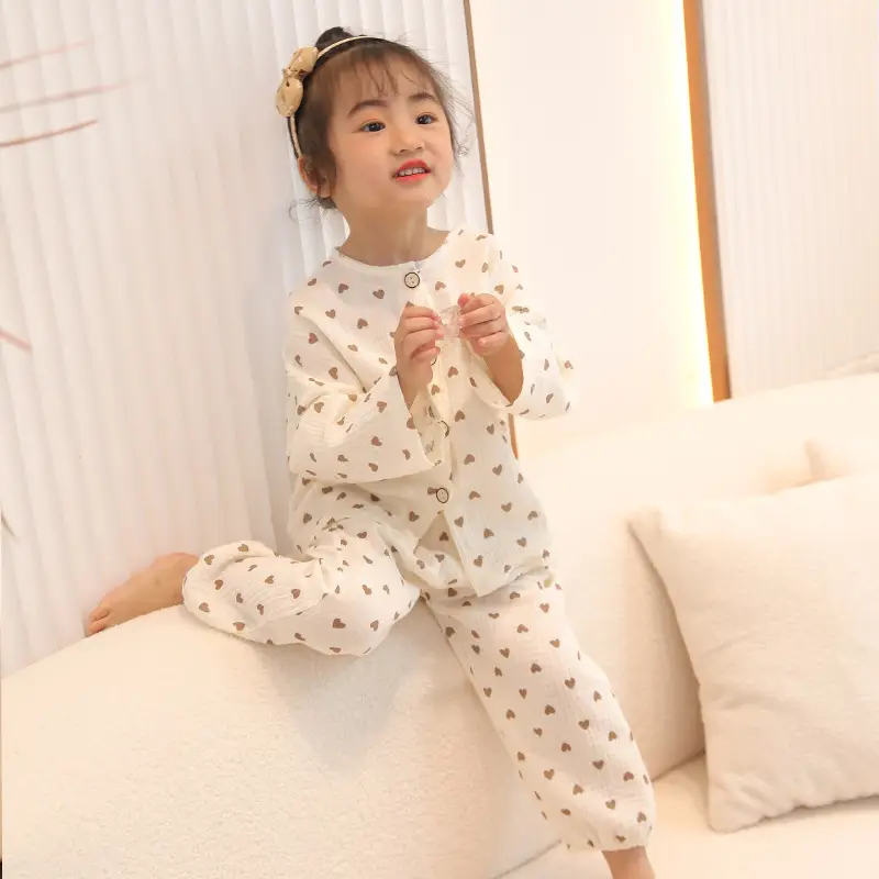 Children's double-layer cotton long-sleeved pajamas 2025 new summer casual cotton gauze suit boys and girls wholesale