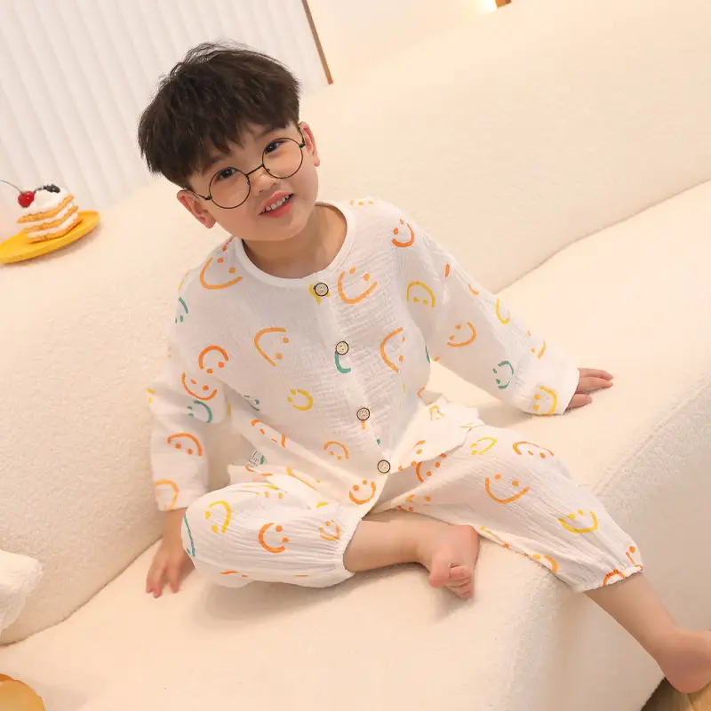 Children's double-layer cotton long-sleeved pajamas 2025 new summer casual cotton gauze suit boys and girls wholesale