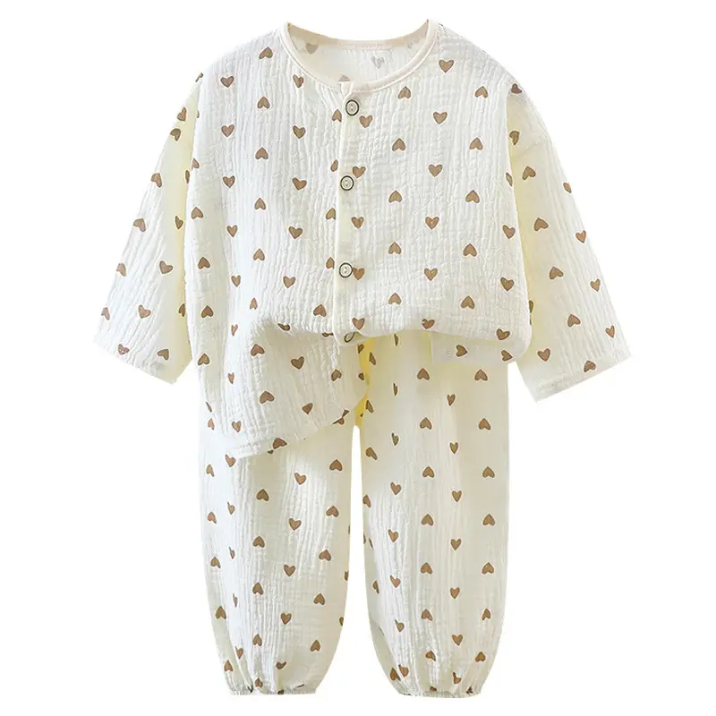 Children's double-layer cotton long-sleeved pajamas 2025 new summer casual cotton gauze suit boys and girls wholesale
