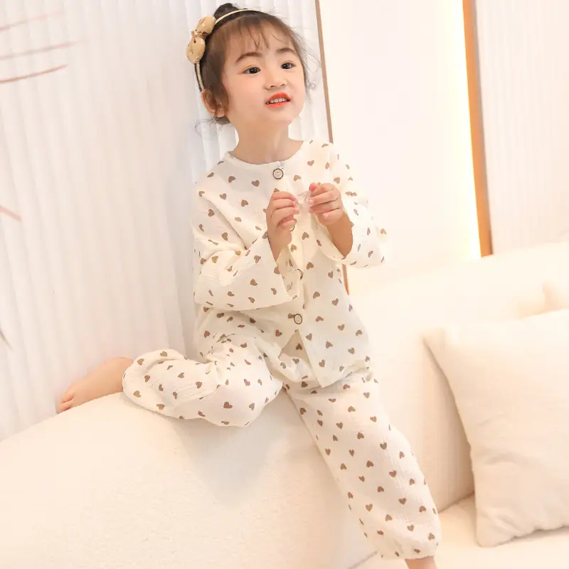 Children's double-layer cotton long-sleeved pajamas 2025 new summer casual cotton gauze suit boys and girls wholesale — feature 10