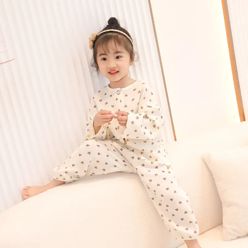 Children's double-layer cotton long-sleeved pajamas 2025 new summer casual cotton gauze suit boys and girls wholesale — feature 11