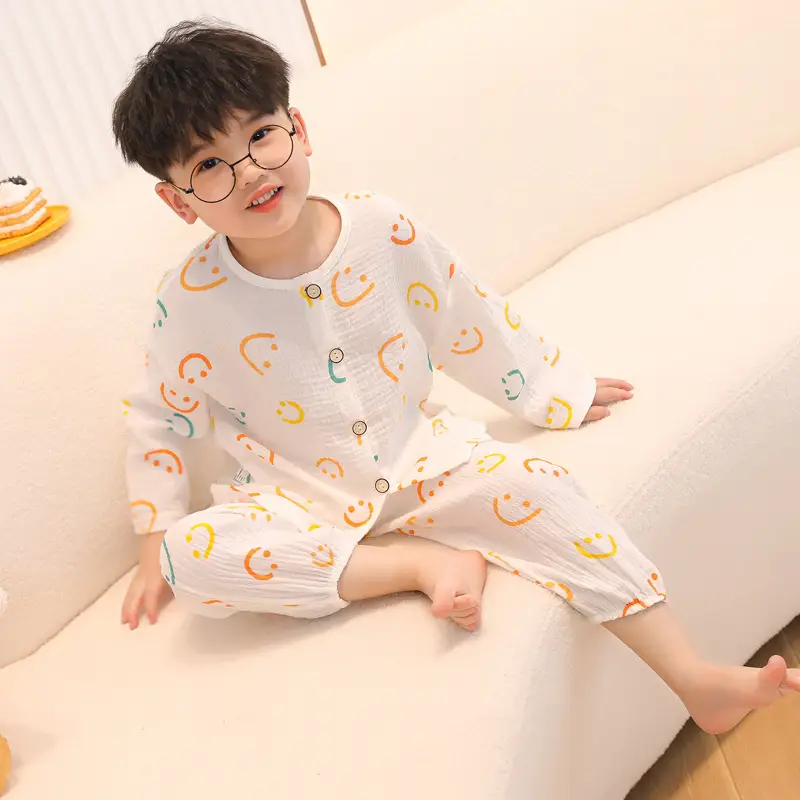Children's double-layer cotton long-sleeved pajamas 2025 new summer casual cotton gauze suit boys and girls wholesale — feature 12