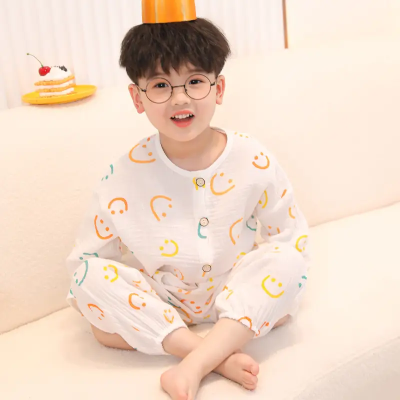 Children's double-layer cotton long-sleeved pajamas 2025 new summer casual cotton gauze suit boys and girls wholesale — feature 13