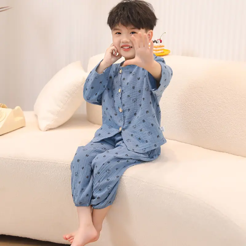 Children's double-layer cotton long-sleeved pajamas 2025 new summer casual cotton gauze suit boys and girls wholesale — feature 16