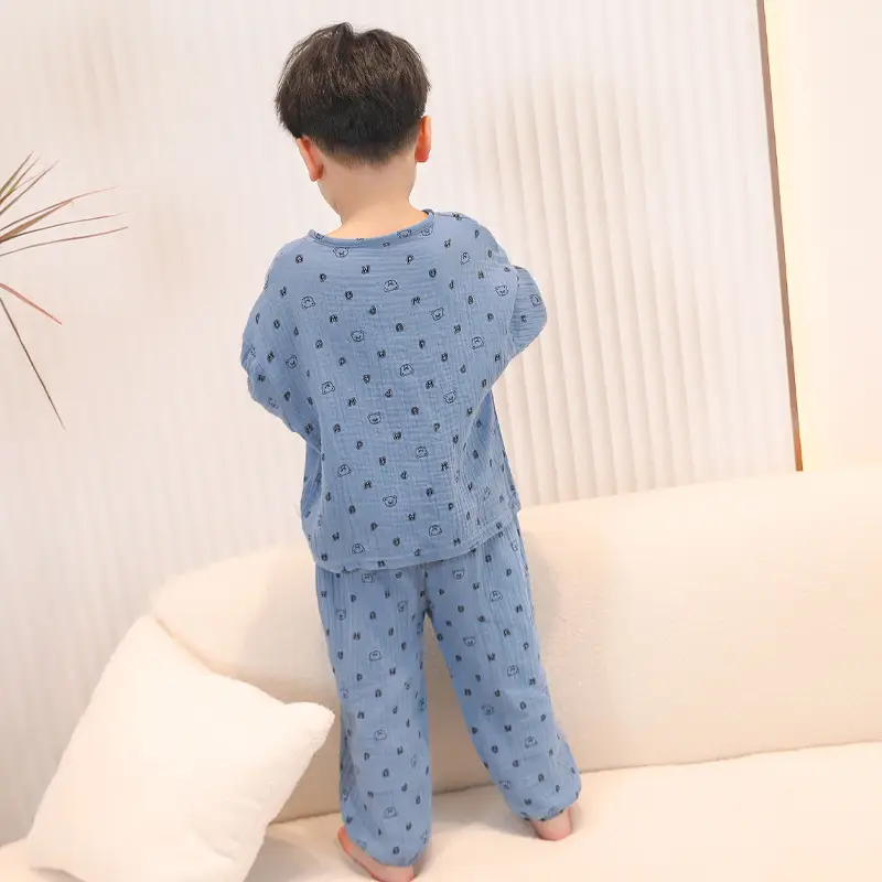 Children's double-layer cotton long-sleeved pajamas 2025 new summer casual cotton gauze suit boys and girls wholesale — feature 17