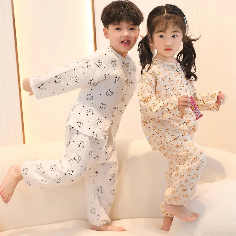 Children's double-layer cotton long-sleeved pajamas 2025 new summer casual cotton gauze suit boys and girls wholesale — feature 2