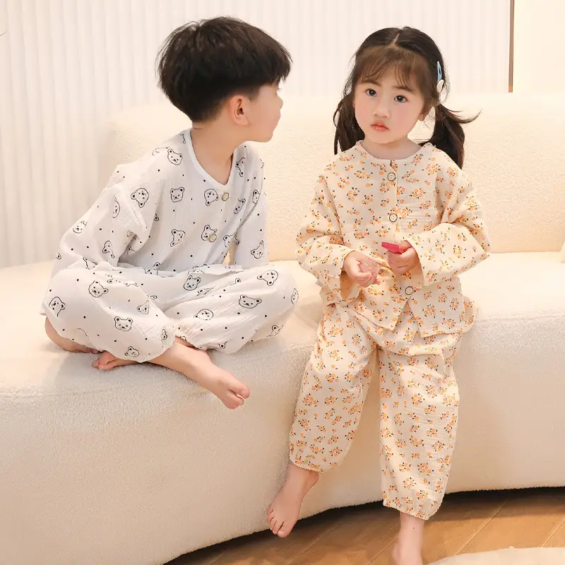 Children's double-layer cotton long-sleeved pajamas 2025 new summer casual cotton gauze suit boys and girls wholesale — feature 3