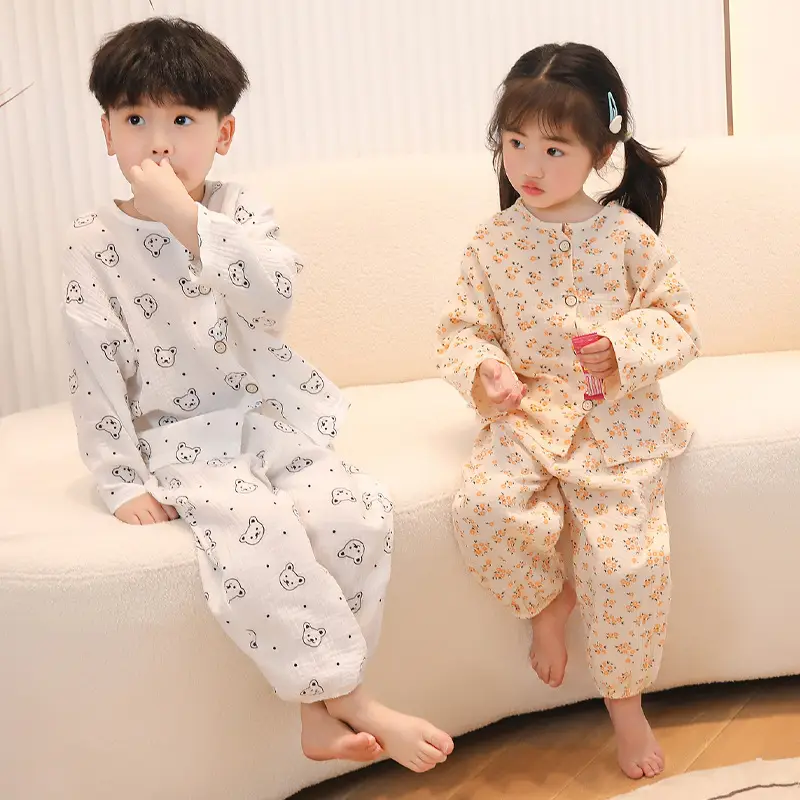 Children's double-layer cotton long-sleeved pajamas 2025 new summer casual cotton gauze suit boys and girls wholesale — feature 4