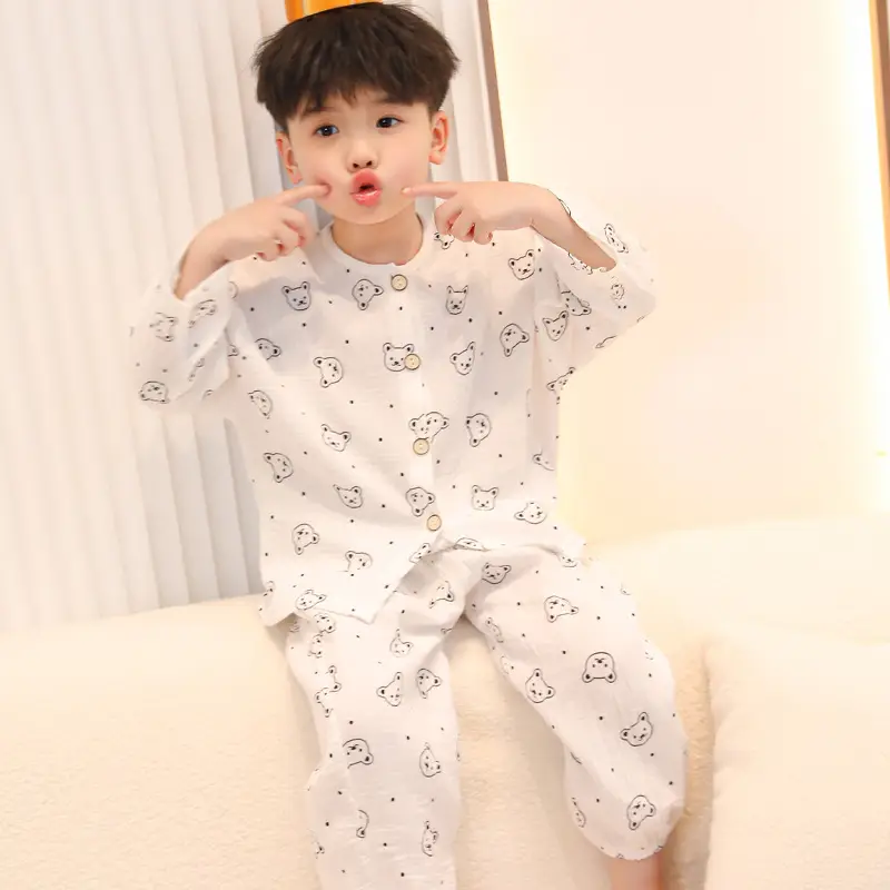 Children's double-layer cotton long-sleeved pajamas 2025 new summer casual cotton gauze suit boys and girls wholesale — feature 5