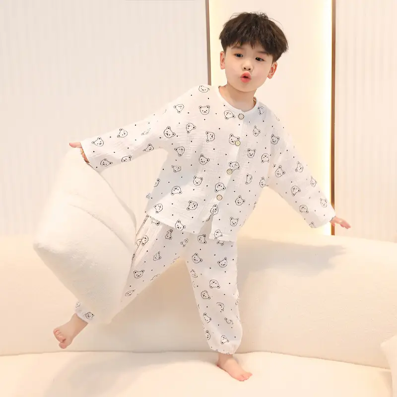 Children's double-layer cotton long-sleeved pajamas 2025 new summer casual cotton gauze suit boys and girls wholesale — feature 6